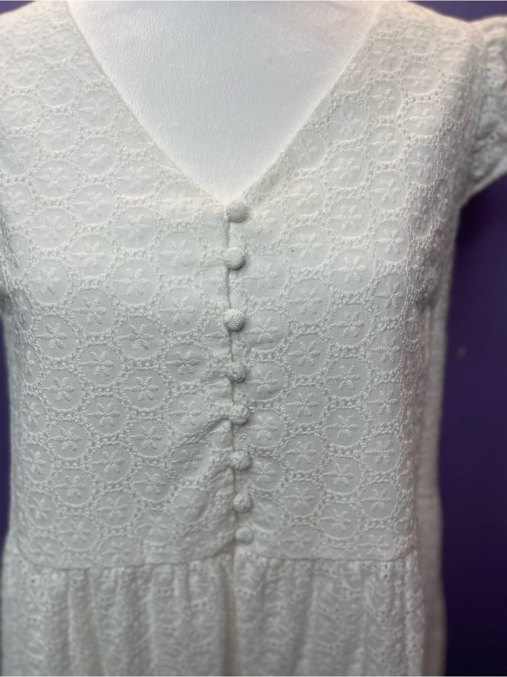 NWT Boho White Eyelet Babydoll Dress Flutter Sleeves Cottagecore Beach XSmall - Picture 6 of 14